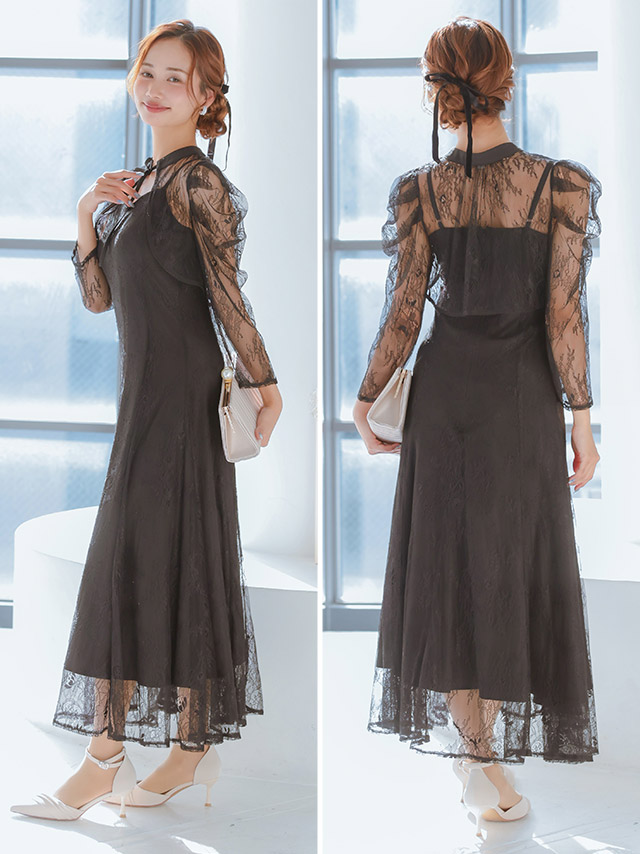 カシュクールデザインハイウエスト切り替えパーティードレスのサイドバック画像