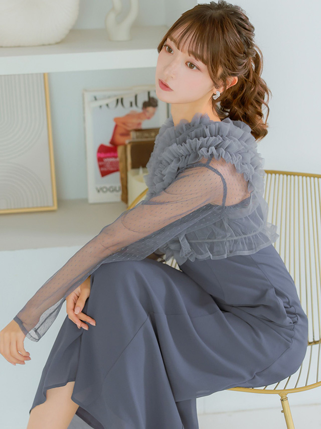 立体チュールシアー長袖ロング丈パーティードレス ポケットあり 結婚式 二次会のイメージ画像3
