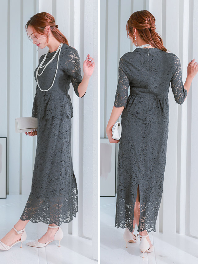 レーススリーブロングドレスのサイドバック全身