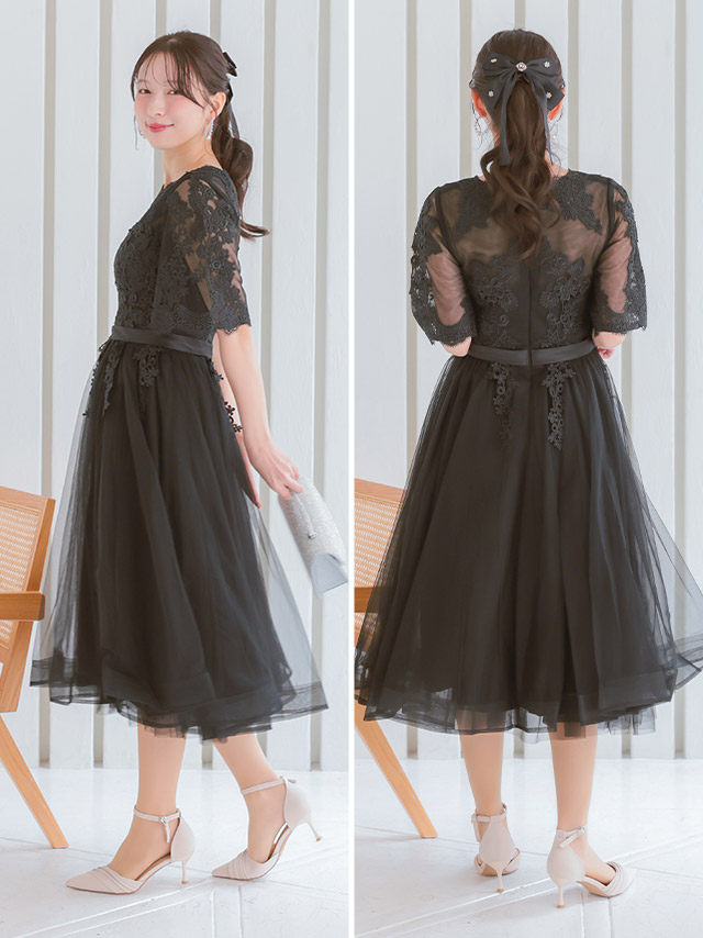 フラワーレース刺繍×チュールスカートパーティードレスのサイドバッグ全身