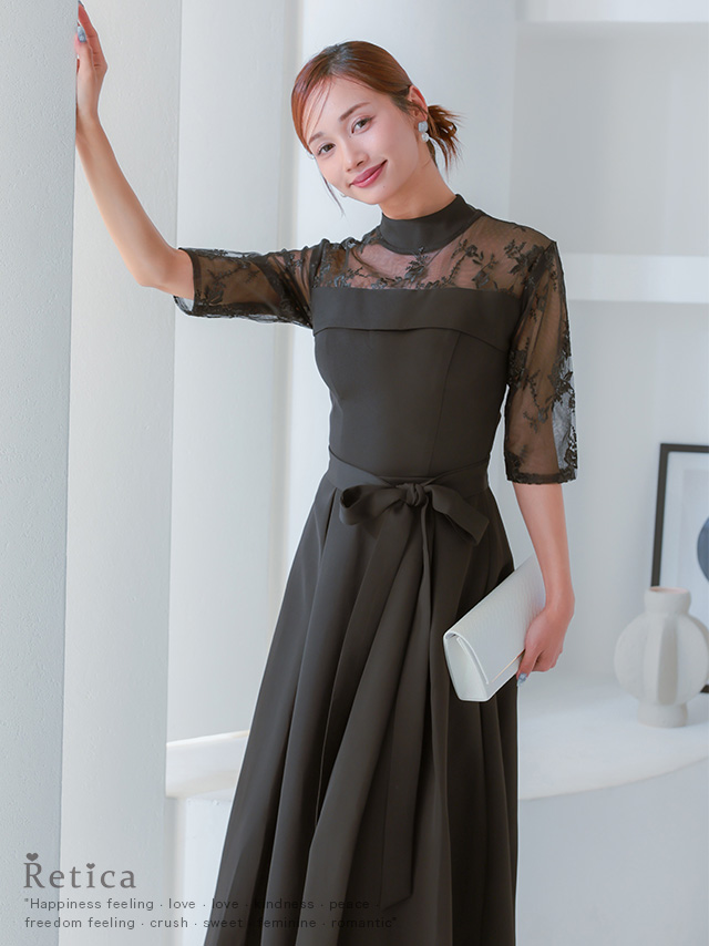 ビスチェ風デザインハイネックレース五分袖ミモレ丈パーティードレスのイメージ画像1