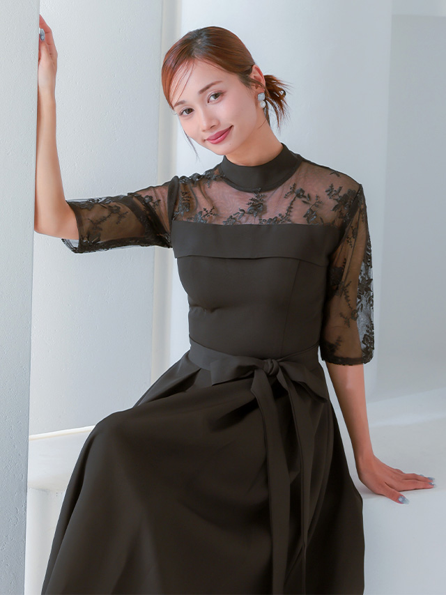 ビスチェ風デザインハイネックレース五分袖ミモレ丈パーティードレスのイメージ画像3