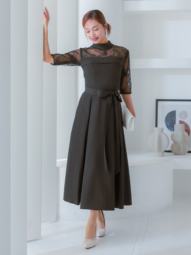 ビスチェ風デザインハイネックレース五分袖ミモレ丈パーティードレスのフロント全身