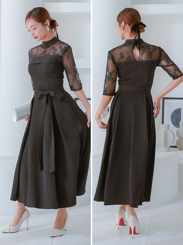 ビスチェ風デザインハイネックレース五分袖ミモレ丈パーティードレスのサイドバッグ全身