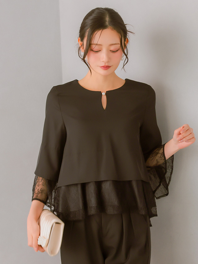 レース袖キーネックフリルトップス×ストレートパンツセットアップドレスのイメージ画像4