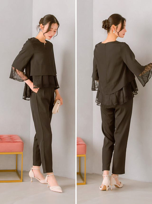 レース袖キーネックフリルトップス×ストレートパンツセットアップドレスのサイドバック画像
