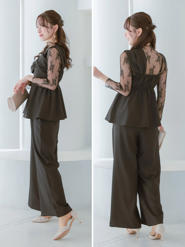 アシンメトリーねじれショルダー3ピースペプラムデザインパンツドレス 結婚式 二次会のサイドバッグ全身