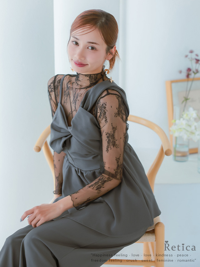 長袖レースインナー付きクロスデザインペプラムセパレートパンツドレス 結婚式 二次会のイメージ画像1