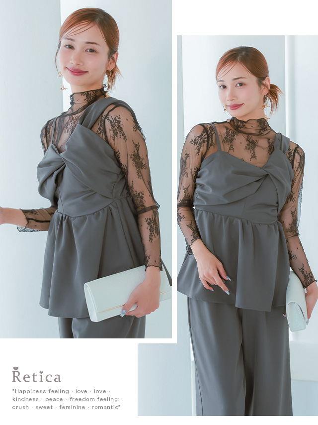 長袖レースインナー付きクロスデザインペプラムセパレートパンツドレス 結婚式 二次会のイメージ画像2