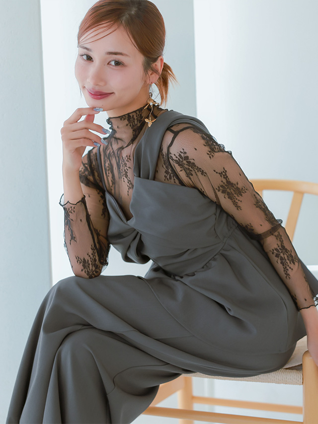 長袖レースインナー付きクロスデザインペプラムセパレートパンツドレス 結婚式 二次会のイメージ画像3