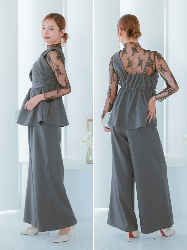 長袖レースインナー付きクロスデザインペプラムセパレートパンツドレス 結婚式 二次会のサイドバッグ全身