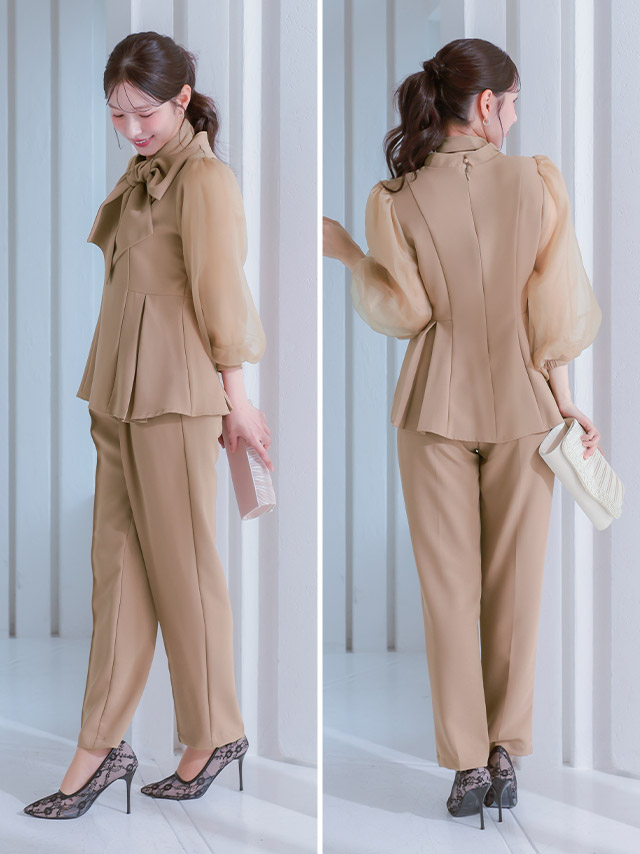 カシュクールデザインハイウエスト切り替えパーティードレスのサイドバック画像