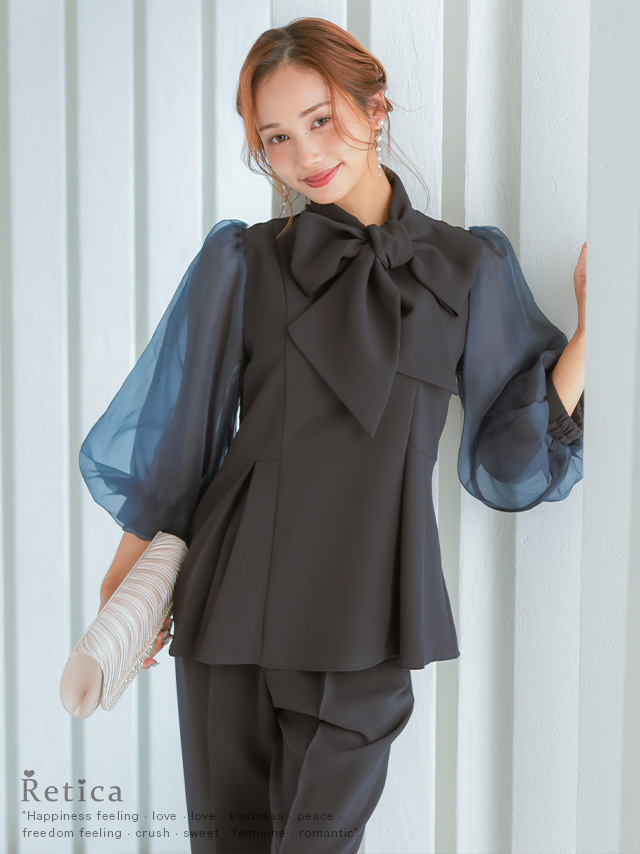 シアー袖ペプラムシルエットボウタイパンツセットアップのイメージ画像1