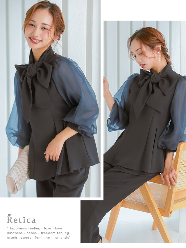 シアー袖ペプラムシルエットボウタイパンツセットアップのイメージ画像2