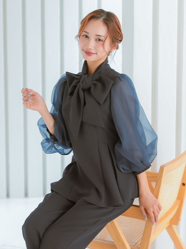 シアー袖ペプラムシルエットボウタイパンツセットアップのイメージ画像3