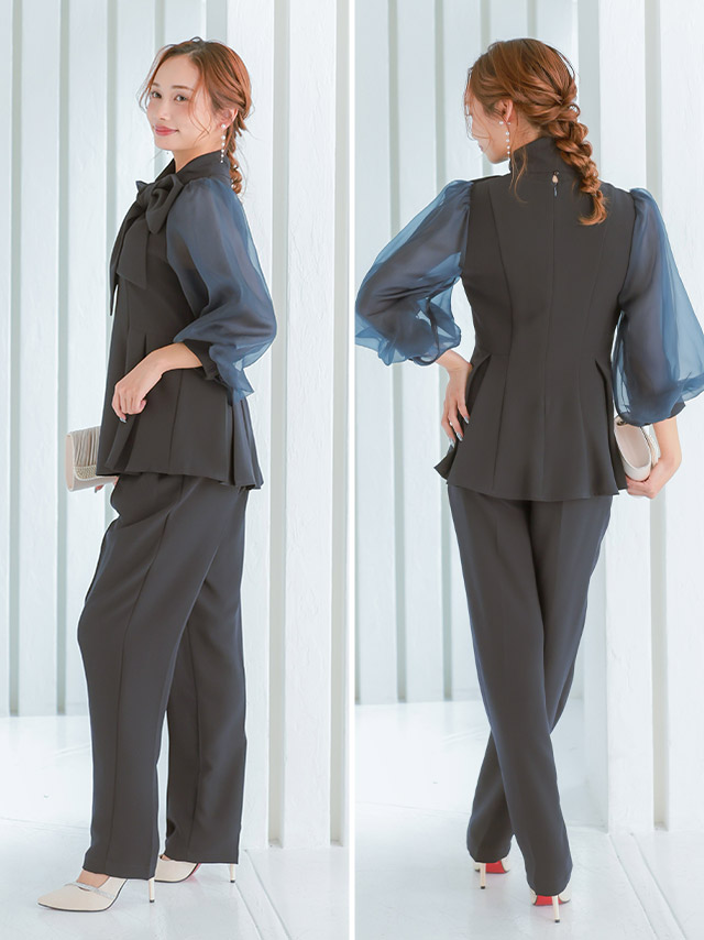 シアー袖ペプラムシルエットボウタイパンツセットアップのサイドバッグ全身