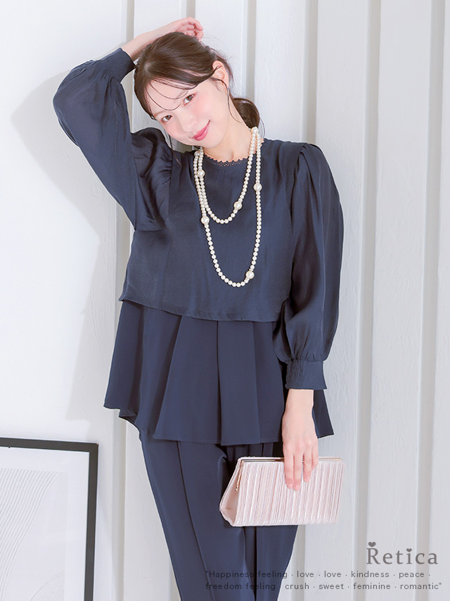 レースネックデザインペプラムセットアップパンツドレスのイメージ画像1