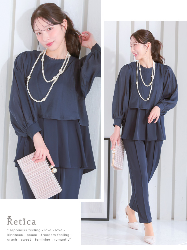 レースネックデザインペプラムセットアップパンツドレスのイメージ画像2