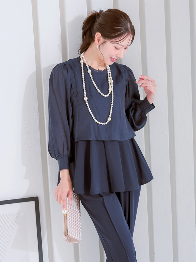 レースネックデザインペプラムセットアップパンツドレスのイメージ画像3