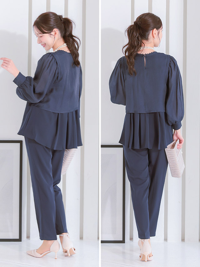 レースネックデザインペプラムセットアップパンツドレスのサイドバッグ全身