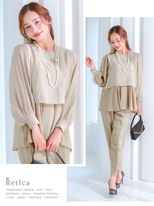 レースネックフレアペプラムセパレートパンツドレスのイメージ画像2