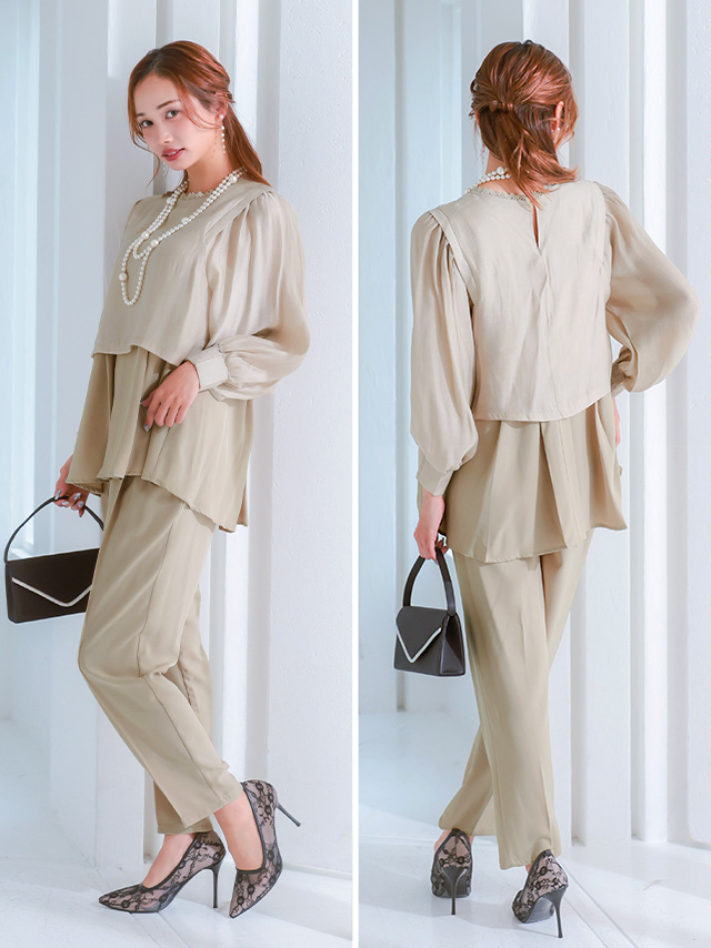 レースネックフレアペプラムセパレートパンツドレスのサイドバッグ全身