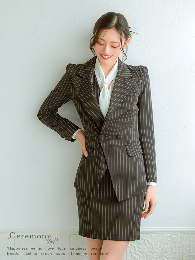 ストライプジャケット&Vネックワンピースセットアップセレモニースーツのメイン画像