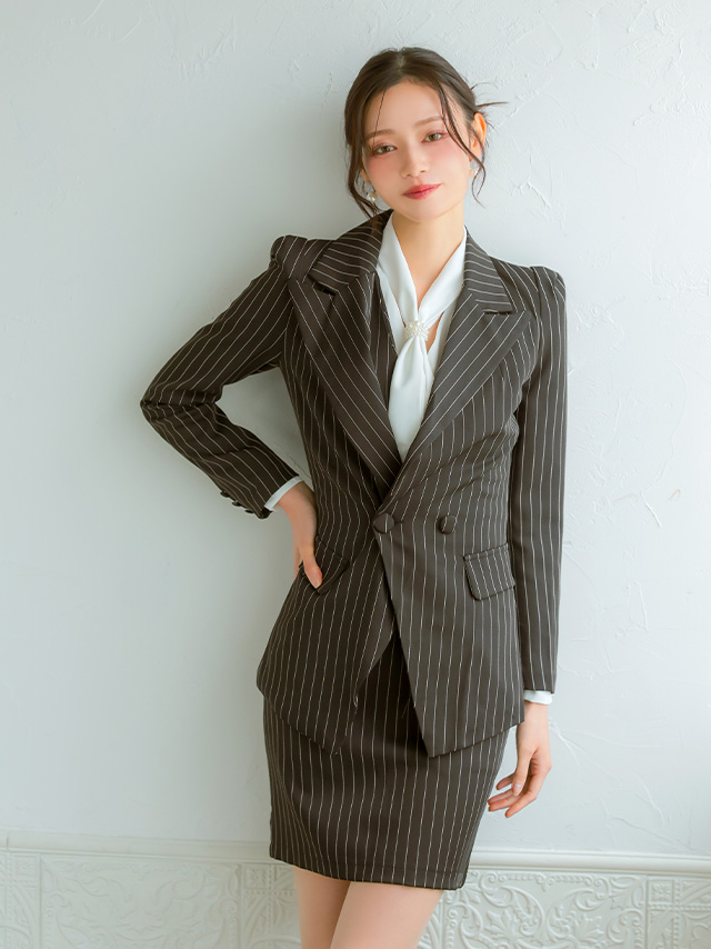 ストライプジャケット&Vネックワンピースセットアップセレモニースーツのメイン画像