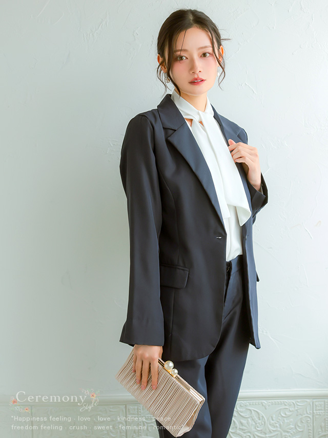 フロントボタンVネックベスト×ロング丈ジャケット×ストレートパンツ3点セットセレモニースーツのイメージ画像1