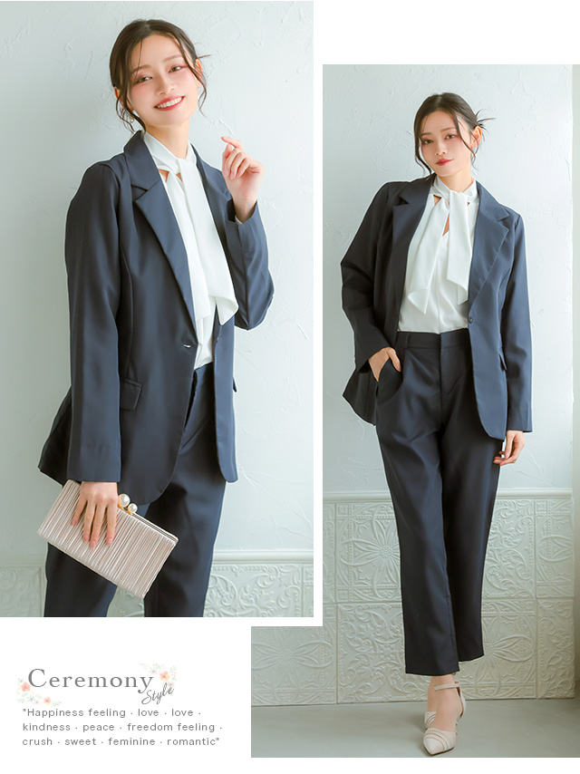 フロントボタンVネックベスト×ロング丈ジャケット×ストレートパンツ3点セットセレモニースーツのイメージ画像2