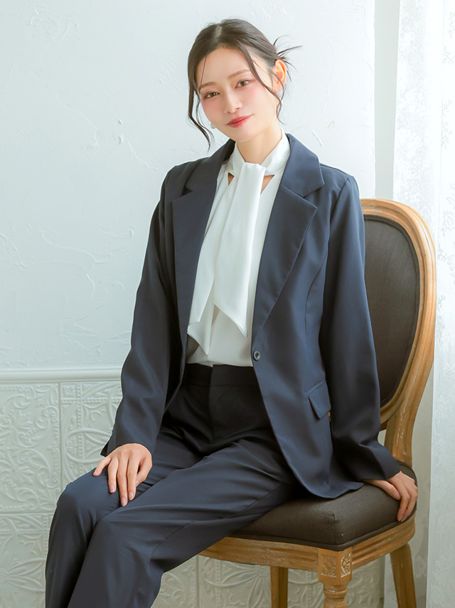 フロントボタンVネックベスト×ロング丈ジャケット×ストレートパンツ3点セットセレモニースーツのイメージ画像3