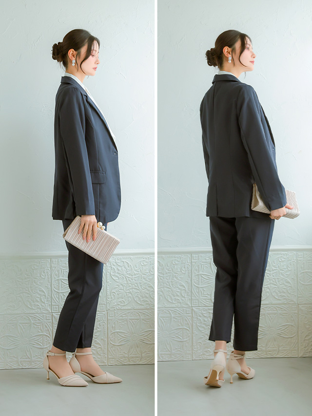 フロントボタンVネックベスト×ロング丈ジャケット×ストレートパンツ3点セットセレモニースーツのフロント画像