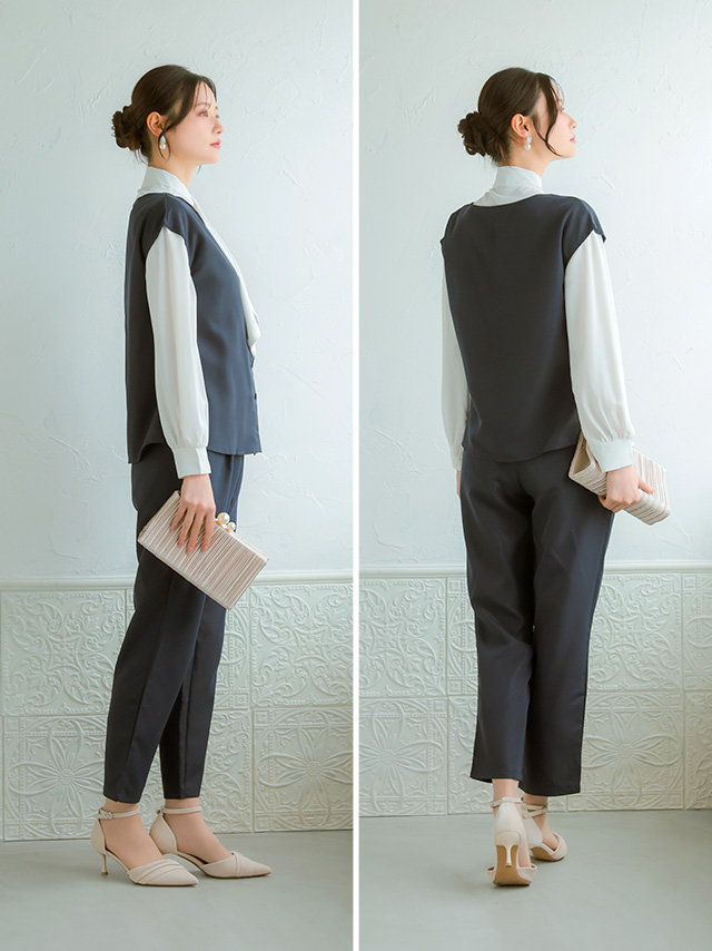 フロントボタンVネックベスト×ロング丈ジャケット×ストレートパンツ3点セットセレモニースーツのフロント画像