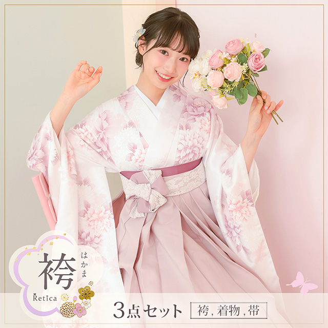 白地に牡丹花柄紐レース袴3点セットのメイン画像