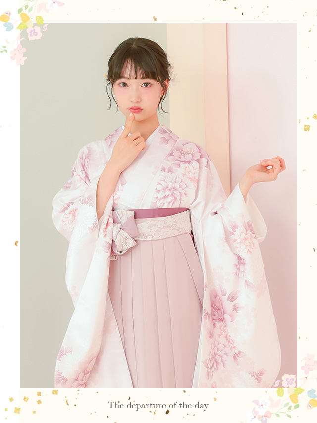 白地に牡丹花柄紐レース袴3点セットのイメージ画像1