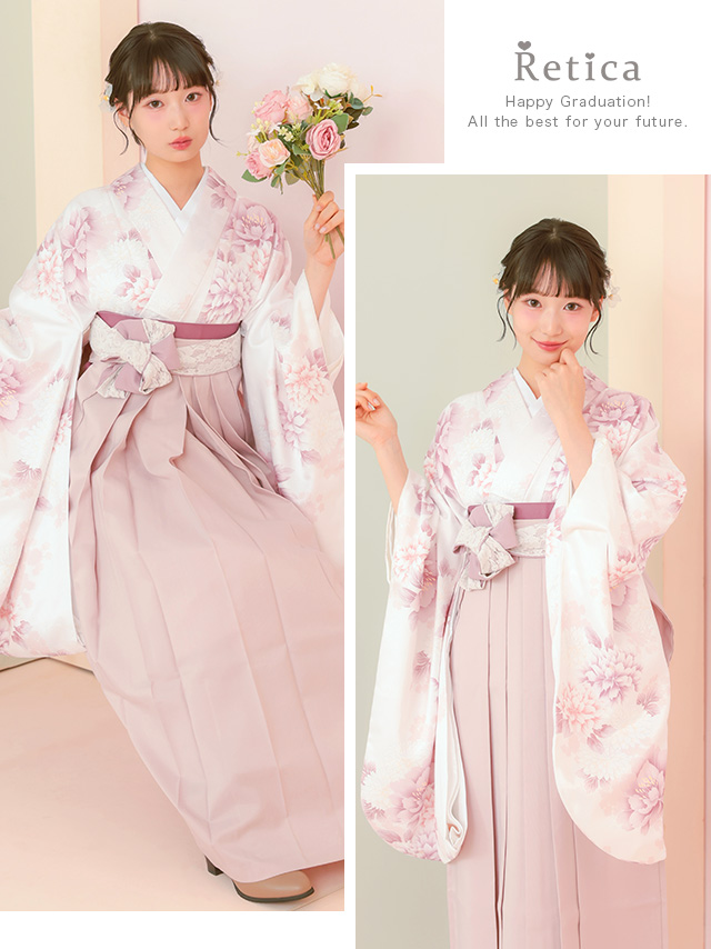 白地に牡丹花柄紐レース袴3点セットのイメージ画像2