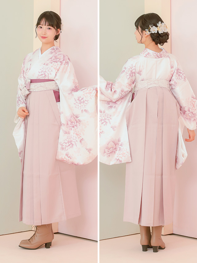 白地に牡丹花柄紐レース袴3点セットのサイドバッグ全身