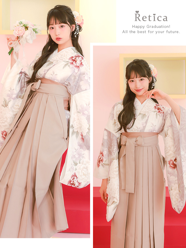 アイボリー生地に花柄着物×ベージュ袴3点セットのイメージ画像2