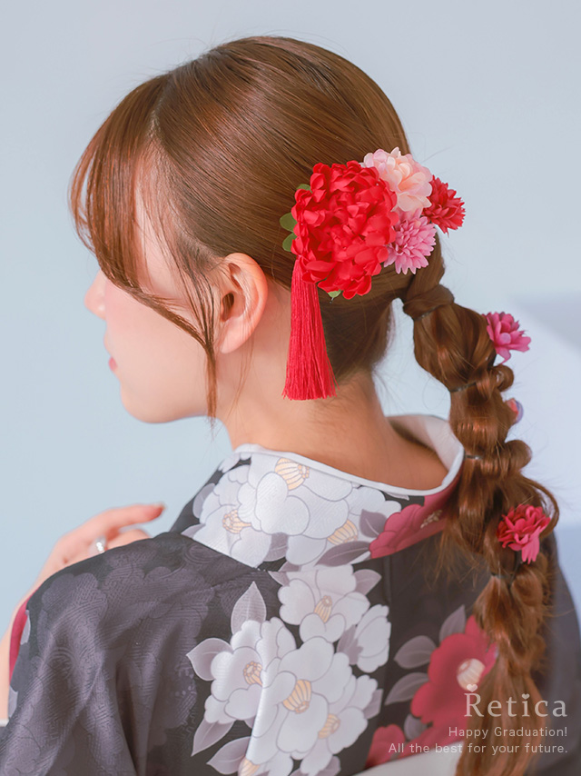 タッセル和玉付きフラワーヘアアクセサリー9点セット袴・振袖・浴衣対応袴・振袖・浴衣対応のイメージ画像