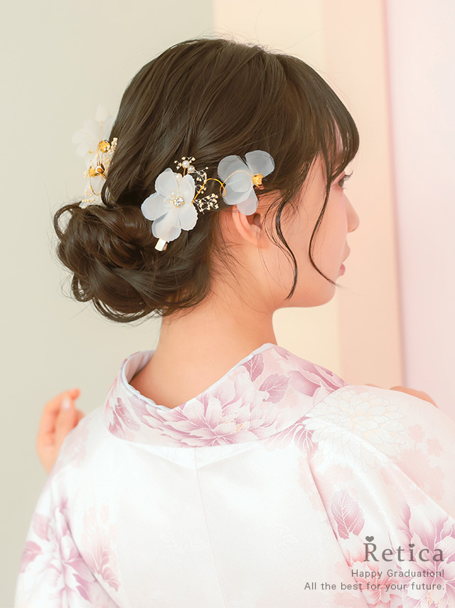 透け感フラワー×かすみ草ヘアアクセサリー3点セット袴・振袖・浴衣対応のイメージ画像