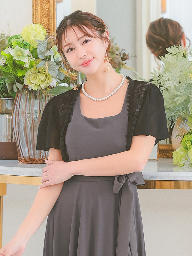 レース×シフォン袖フェミニンボレロのフロント全身