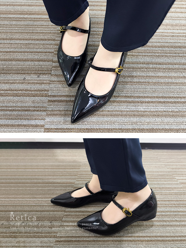 エナメル素材ポインテッドトゥパンプス(ブラック)のフロント画像