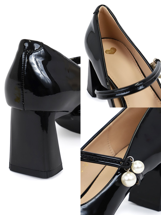 パール装飾ストラップ付き太ヒールパンプスの画像3