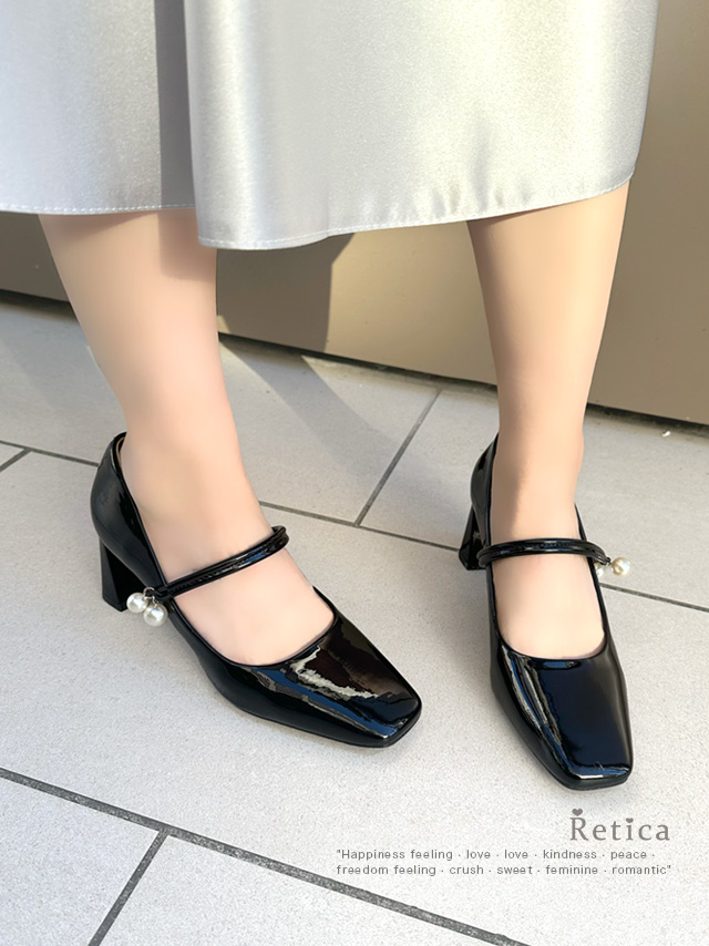 パール装飾ストラップ付き太ヒールパンプスイメージ画像1