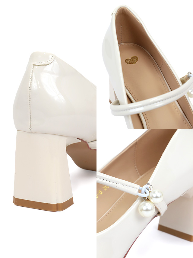パール装飾ストラップ付き太ヒールパンプスの画像3