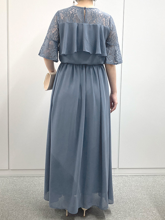 150cmスタッフMが着用するラメなしロングドレス 体型カバー ワンピース 敏感肌対応 結婚式 二次会 お呼ばれ 大人 上品(ブルーグレー)のバック画像