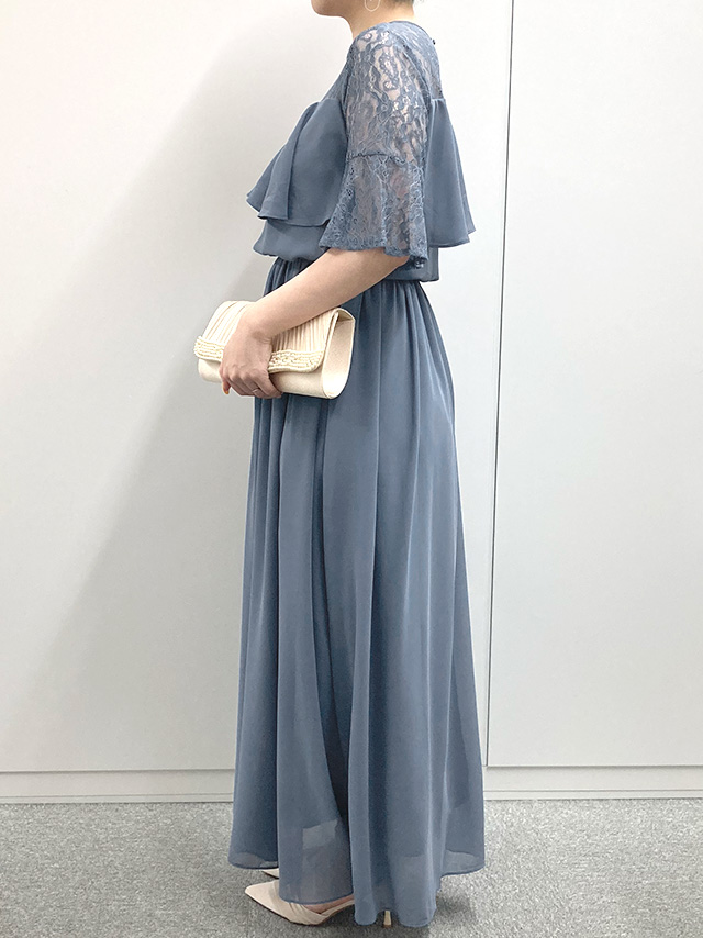 150cmスタッフMが着用するラメなしロングドレス 体型カバー ワンピース 敏感肌対応 結婚式 二次会 お呼ばれ 大人 上品(ブルーグレー)のサイド画像