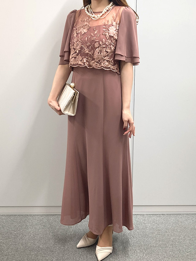 159cmスタッフによるフラワー刺繍シフォンセミマーメイドワンピースパーティードレスのフロント画像