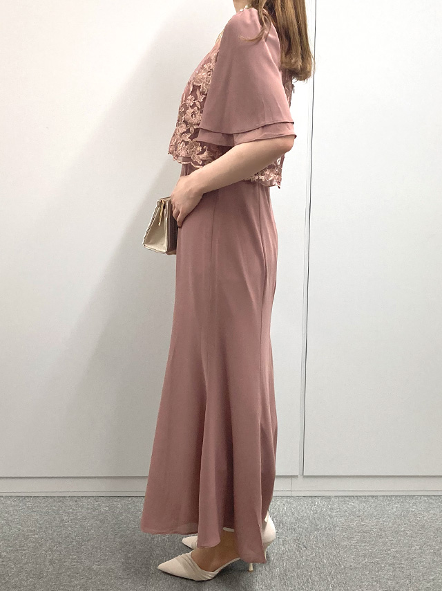 159cmスタッフによるフラワー刺繍シフォンセミマーメイドワンピースパーティードレスのサイド画像