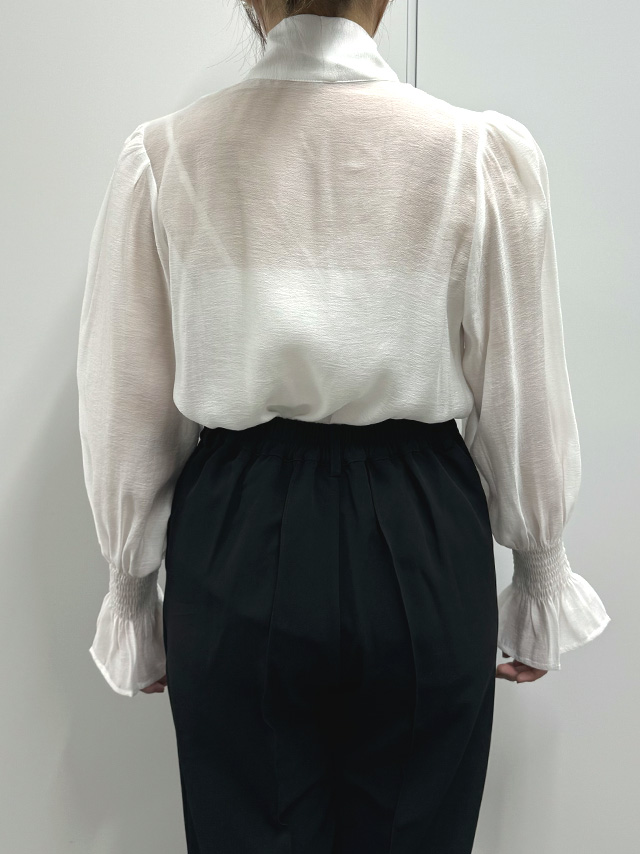 159cmスタッフRが着用するリボンタイ付きシフォンフリルシアーブラウス(ホワイト)のバック画像